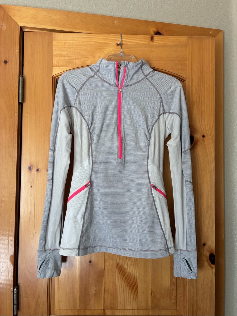 Lululemon Run Wild Half Zip Pullover in Light Gray with Pink Accents